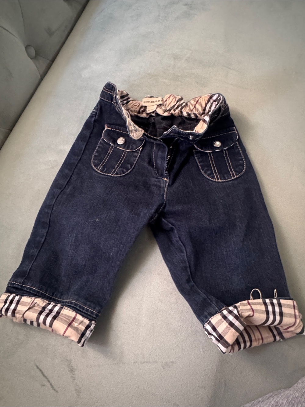 Burberry Dark Blue Denim Kids Jeans with Plaid Trim